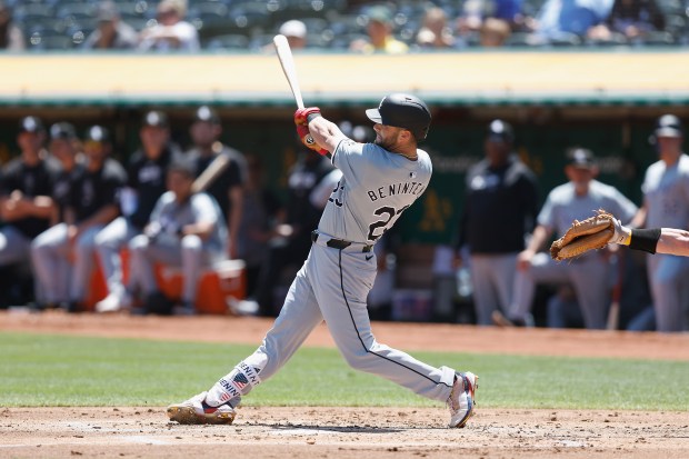 Andrew Benintendi #23 of the Chicago White Sox hits a two-run home run in the top of the second inning against the Oakland Athletics at Oakland Coliseum on Aug. 07, 2024 in Oakland, California. (Photo by Lachlan Cunningham/Getty Images)