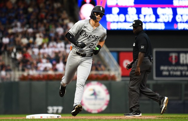 White Sox shortstop Brooks Baldwin rounds the bases after hitting his first career home run in the sixth inning against the Twins on Aug. 3, 2024, at Target Field in Minneapolis. (Stephen Maturen/Getty Images)