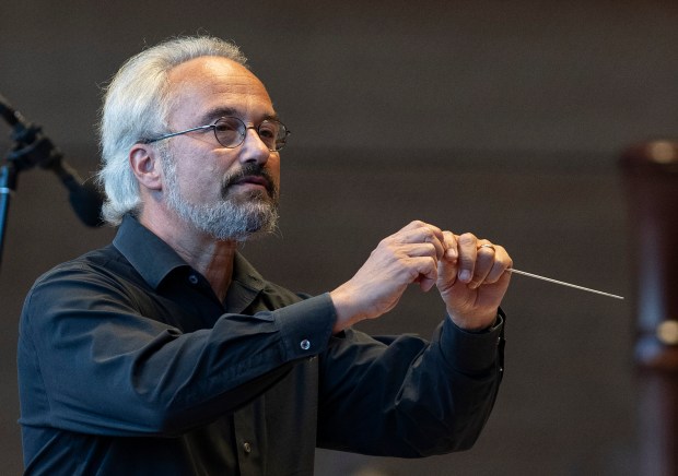 Carlos Kalmar conducts Mahler Symphony No. 8 with the Grant Park Orchestra and Chorus at Jay Pritzker Pavilion in Millennium Park on Aug. 16, 2024. (Norman Timonera)