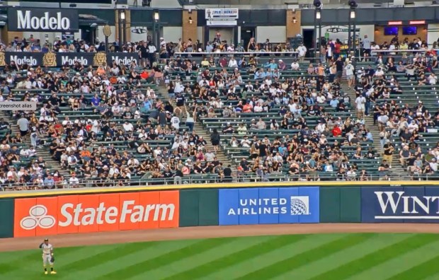 A video image from the Chicago White Sox video posted on X, formerly known as Twitter, shows a fan waving for help in the aisle, center, after two fans were hit by bullets in the outfield seating area at Guaranteed Rate Field's White Sox game.