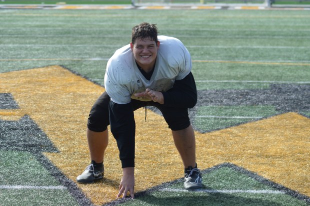 Junior lineman Michael McDonough, who is getting offers from major colleges, poses after a practice at Andrew in Tinley Park on Tuesday Oct. 10, 2023.