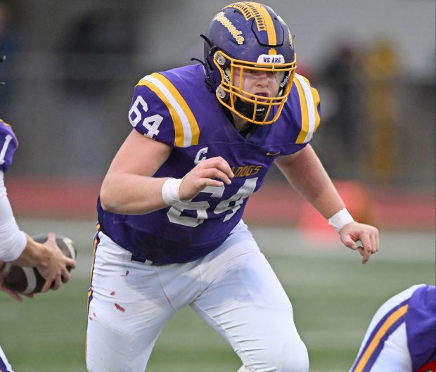 Wauconda's Liam Carney (64) looks to block during a game against Grant in the first round of the Class 6A playoffs in Wauconda on Saturday, Oct. 28, 2023. (Brian O'Mahoney / News-Sun)