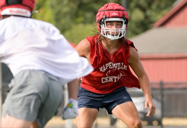 Naperville Central football's Daniel Nussbaum during practice in Naperville on Monday, Aug. 12, 2024. (Mark Black / for the Naperville Sun)