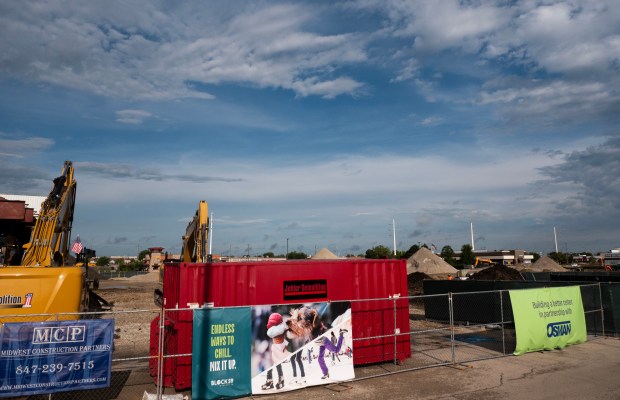 Construction continues on Wednesday, Aug. 28, 2024, at the corner of Route 59 and Aurora Avenue in Naperville to make way for Block 59, an incoming dining and entertainment development. (Tess Kenny/Naperville Sun)