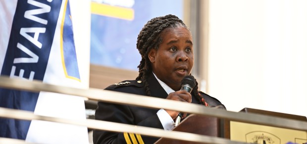 Evanston Police Chief Schenita Stewart addresses the audience during the Memorial Service for former Police Chief William Logan, on Friday, Aug. 16, 2024 at the Evanston Police Department (1454 Elmwood Ave.) in Evanston. (Karie Angell Luc/Pioneer Press)