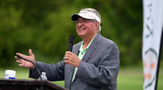 Mickey Archambault of Winnetka, former Winnetka Park District Board of Commissioners president, addresses the audience at the ribbon cutting and grand opening program on Aug. 12, 2024 in Winnetka at the Winnetka Golf Club (1300 Oak St.). (Karie Angell Luc/Pioneer Press)