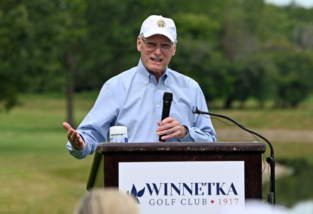 Winnetka Village President Chris Rintz addresses the audience at the ribbon cutting and grand opening program on Aug. 12, 2024 in Winnetka at the Winnetka Golf Club (1300 Oak St.). (Karie Angell Luc/Pioneer Press)