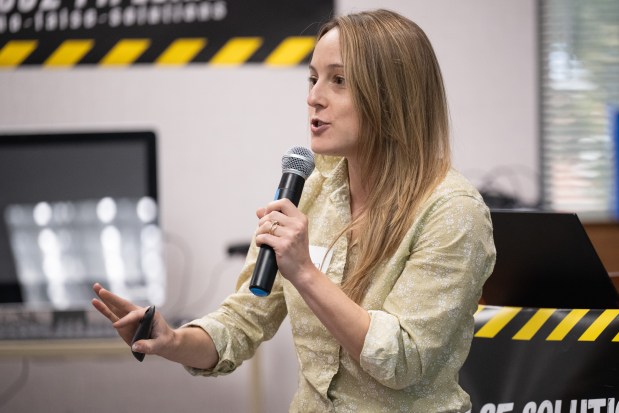 Senior associate attorney with the Earthjustice clean energy program Lauren Piette speaks during a community conversation at the Hammond Public Library on the proposed BP CO2 pipeline on Wednesday, Aug. 21, 2024. (Kyle Telechan/for the Post-Tribune)