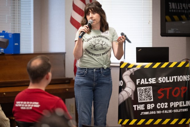 Just Transition canvassing coordinator Lisa Vallee speaks during a community conversation at the Hammond Public Library on the proposed BP CO2 pipeline on Wednesday, Aug. 21, 2024. (Kyle Telechan/for the Post-Tribune)