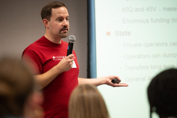 Citizens Action Coalition program director Ben Inskeep speaks about potential carbon capture and storage facilities during a community conversation at the Hammond Public Library on the proposed BP CO2 pipeline on Wednesday, Aug. 21, 2024. (Kyle Telechan/for the Post-Tribune)