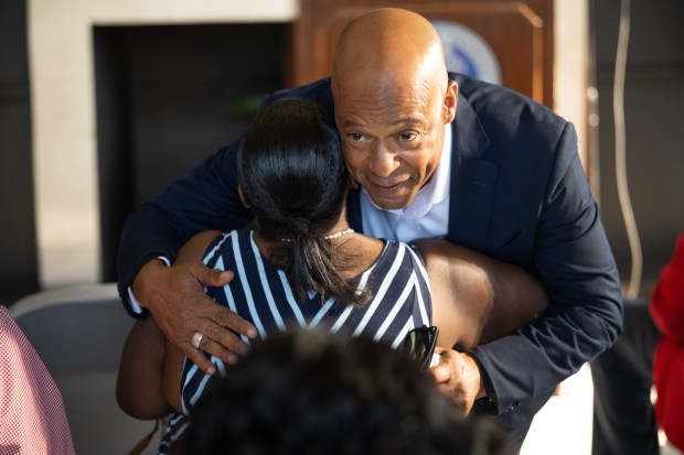 Former Gary mayor Jerome Prince greets visitors before a ceremony to unveil his official mayoral portrait at Gary City Hall on Monday, Aug. 26, 2024. (Kyle Telechan/for the Post-Tribune)