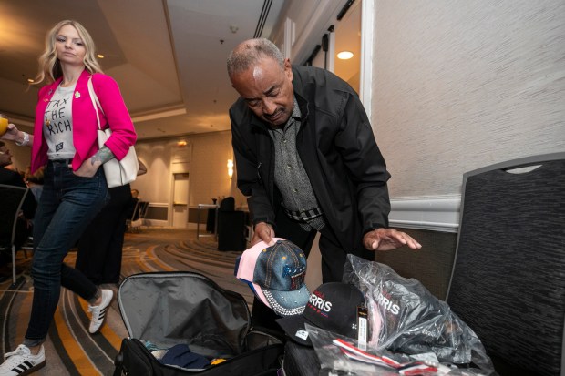 Indiana State Representative Vernon Smith, unloads so Kamala Harris apparel at a breakfast for Indiana delegates, on Monday, Aug. 19, 2024, in Chicago. (Vincent D. Johnson/for the Post-Tribune)