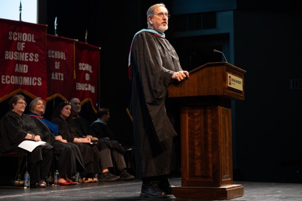 Indiana University mathematics professor Jon Becker speaks during the school's induction ceremony for new students on Tuesday, Aug. 27, 2024. (Kyle Telechan/for the Post-Tribune)