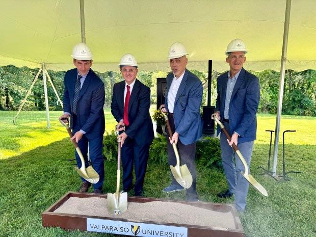 A box of dirt provided the material for the ceremonial groundbreaking at the Rifai Institute at Valparaiso University on Friday, Aug. 23, 2024. (Doug Ross/for Post-Tribune)