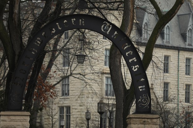 The entrance gate on the campus of Northwestern University in Evanston in 2017.