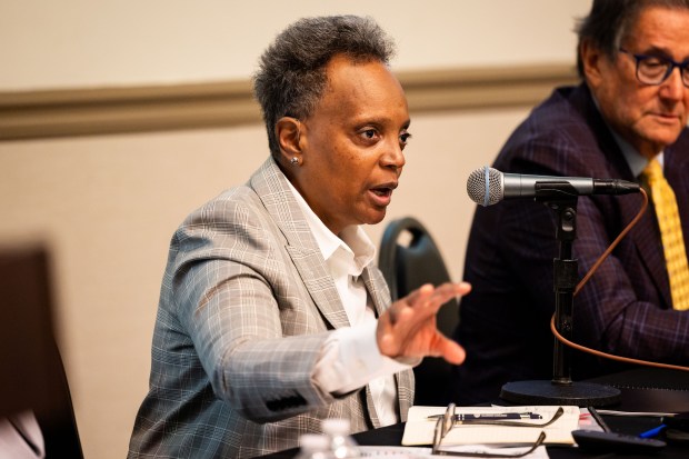 Former Chicago Mayor Lori Lightfoot speaks about preliminary findings regarding Dolton Mayor Tiffany Henyard's administration Aug. 8, 2024. Lightfoot was hired by Dolton trustees as a special investigator to probe the spending habits of Henyard. (Tess Crowley/Chicago Tribune)