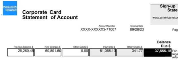 An American Express credit card bill for the village of Dolton for charges incurred during September 2023 shows more than $60,000 in charges. (Village of Dolton)