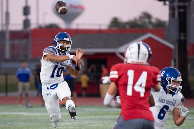 Lake Central quarterback Chase Kwiatkowski passes the ball on Friday, Sept. 2, 2022. (Kyle Telechan for the Post-Tribune)