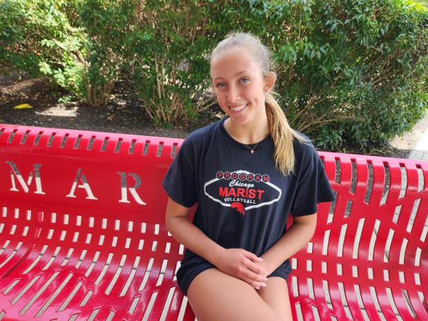 Marist senior Bella Bullington steps outside to take a breather during practice at the school on Wednesday, Aug. 14, 2024. (Tony Baranek / Daily Southtown)