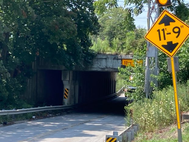 A viaduct on Vollmer Road between Flossmoor and Olympia Fields has seen many large trucks wedged underneath it, causing traffic tie-ups. (Mike Nolan / Daily Southtown)