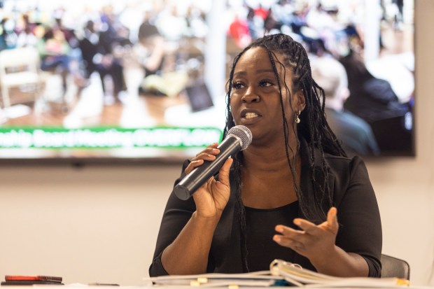 Thornton Township Trustee Carmen Carlisle makes her case Aug. 20, 2024, during a township board meeting in South Holland. (Vincent D. Johnson/for the Daily Southtown)