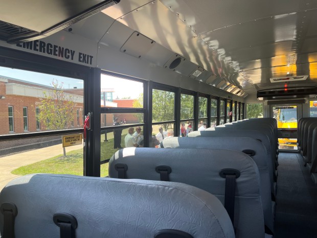 A celebration Aug. 7, 2024, for electric school buses for Elementary District 157 included a look inside of an electric bus in Calumet City. (Olivia Stevens/Daily Southtown)