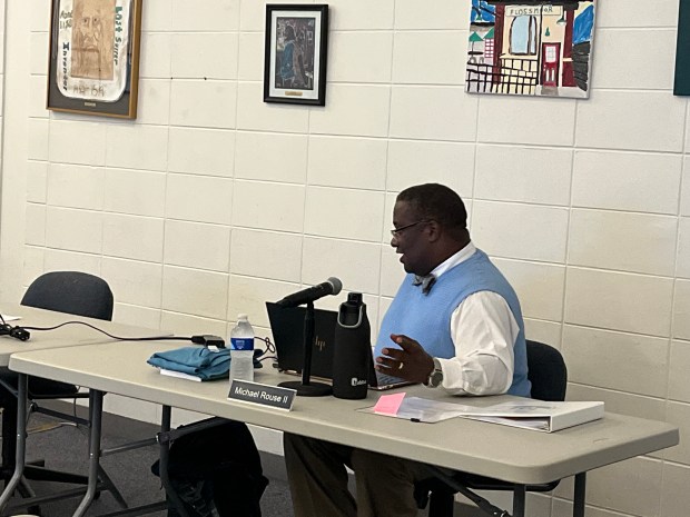 District 161 Board member Michael Rouse II raises safety concerns about the detention pond near Heather Hill Elementary during a school board meeting Aug. 26, 2024. (Samantha Moilanen/Daily Southtown)