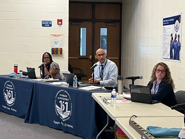 District 161 Board President Carolyn Griggs, Superintendent Dana Smith and board member Christina Vlietstra address safety concerns regarding the detention basin construction at Heather Hill Elementary Aug. 26, 2024 (Samantha Moilanen/Daily Southtown)