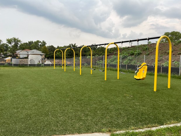 The proximity of the playground to the detention pond construction near Heather Hill Elementary School in Flossmoor earlier this month. (Brett Johnson/Daily Southtown)