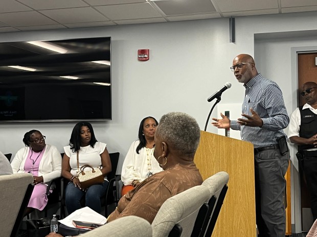 Thornton Township Housing Director William Moore criticizes spending caps leveled against department heads at the township hall on Aug. 28, 2024. (Olivia Stevens/Daily Southtown)