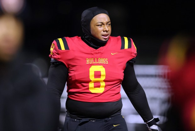 Batavia's Malachi Smith (8) reacts against Brother Rice during a Class 7A first-round playoff game in Batavia on Friday, Oct. 27, 2023.