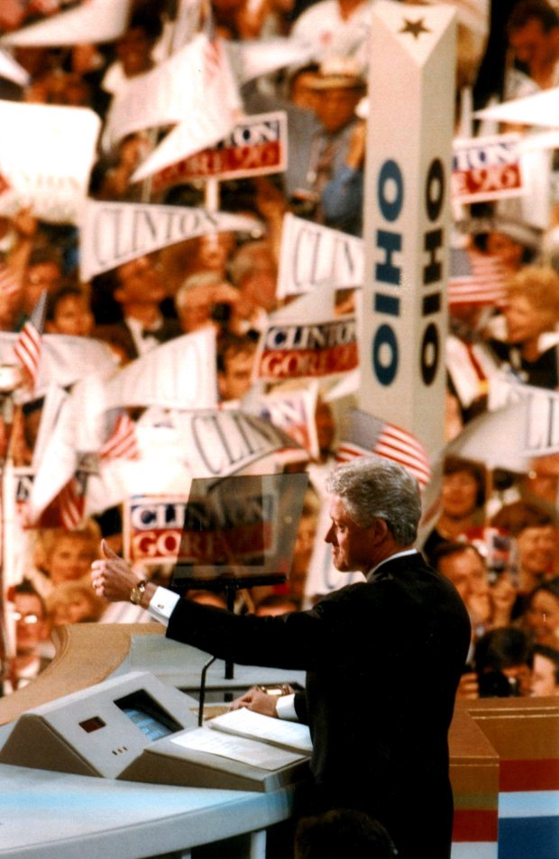 President Bill Clinton gives the thumbs-up at the United Center as he accepts the nomination during the Democratic national Convention in 1996. (Bob Fila/Chicago Tribune)