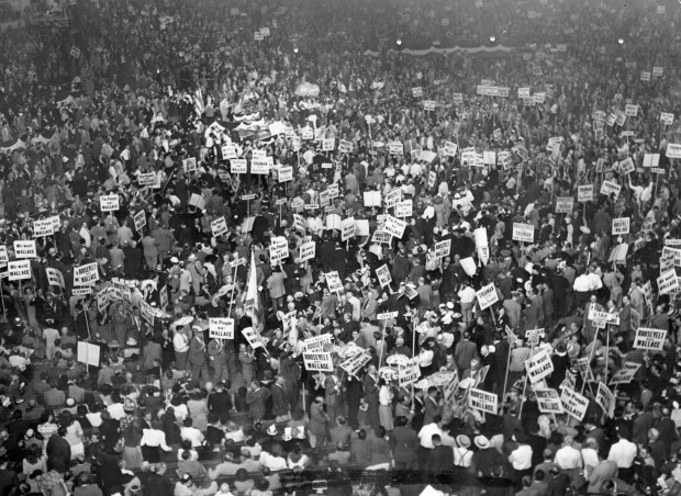 A demonstration for the candidacy of Vice President Henry Wallace broke out on the floor of the Democratic National Convention in Chicago on July 21, 1944. (Chicago Tribune historical photo)