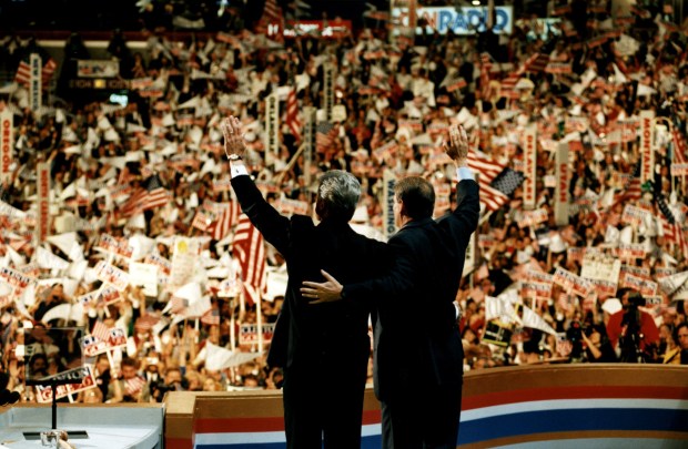 President Bill Clinton and Vice-President Al Gore at the Deomcratic convention at the United Center in 1996. Winning ticket: At the 1996 Democratic National Convention in Chicago, Clinton and Vice President Al Gore face the roaring delegates. The event redeemed the city from the 1968 fiasco. Tribune photo by Jose More. (File Photo, 1996 Democratic National Convention, Presidential Politics, Bill Clinton, Biography, Profile)