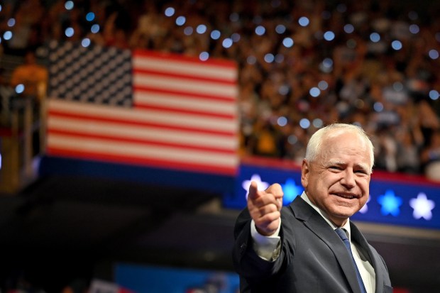 Vice presidential candidate Minnesota Gov. Tim Walz speaks at a campaign event with his running mate, Vice President Kamala Harris, in Philadelphia on Aug. 6, 2024. (Tom Gralish/The Philadelphia Inquirer)