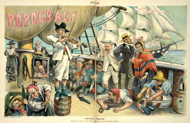 A political cartoon from 1896 shows William Jennings Bryan as a pirate on a ship labeled "Popocracy,