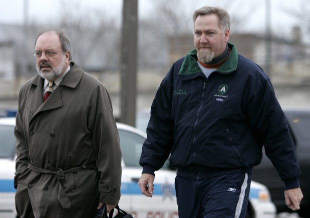 Dave Matthews Band bus driver Stefan Wohl, right, and his attorney Mark Rotert arrive to the Chicago Police station at Belmont and Western avenues on Jan. 19, 2005, for Wohl to face charges of dumping waste into the Chicago River on Aug. 8th, 2004. (Scott Strazzante/Chicago Tribune)