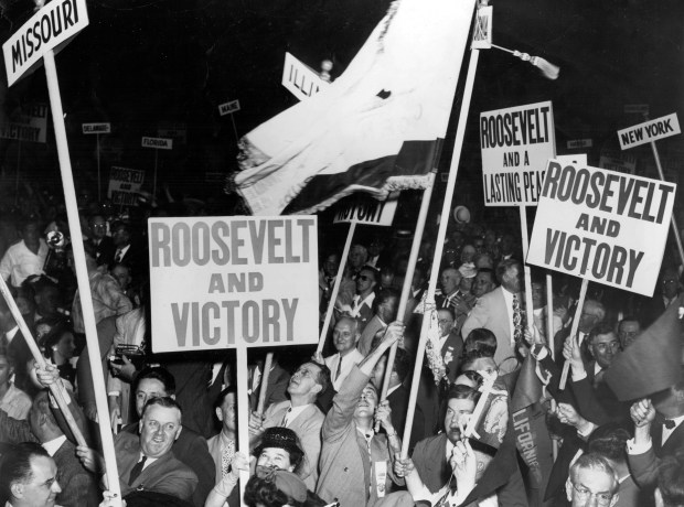 People rally for President Franklin D. Roosevelt during the Democratic National Convention in Chicago in July 1944. (Chicago Tribune historical photo)