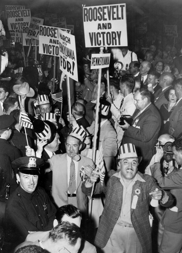 Delegates from Pennsylvania rally for President Franklin D. Roosevelt on the floor of the Democratic National Convention in Chicago in July 1944. (Chicago Tribune historical photo)