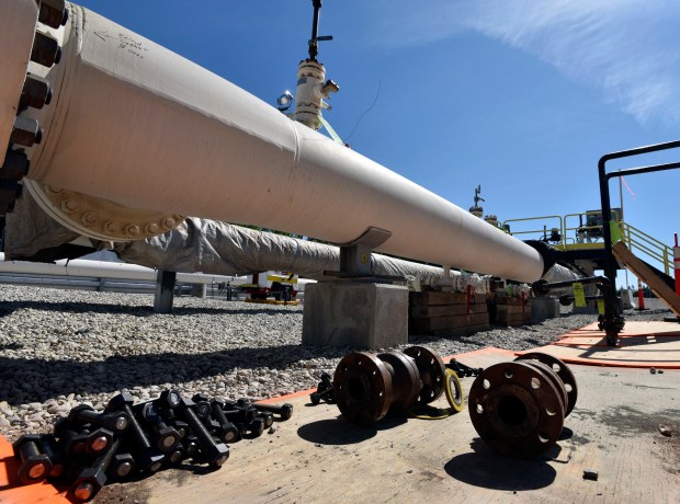 Fresh nuts, bolts and fittings are ready to be added to the east leg of the pipeline near St. Ignace on June 8, 2017, as Enbridge prepares to test the east and west sides of the Line 5 pipeline under the Straits of Mackinac in Mackinaw City, Michigan. (Dale G Young/Detroit News)