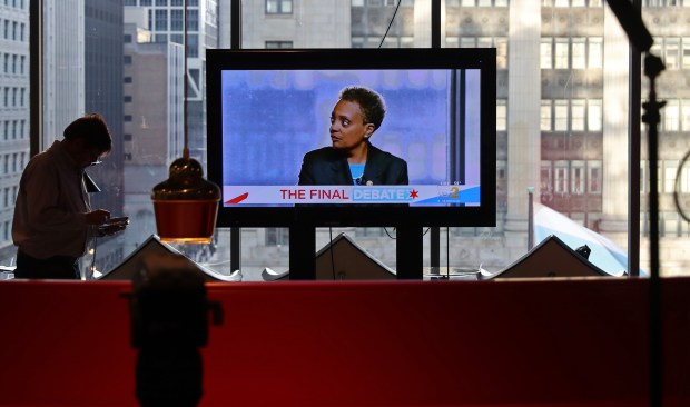 Lori Lightfoot appears on a screen at a WBBM-TV mayoral debate against challenger Toni Preckwinkle on March 27, 2019, in Chicago. (John J. Kim/Chicago Tribune)