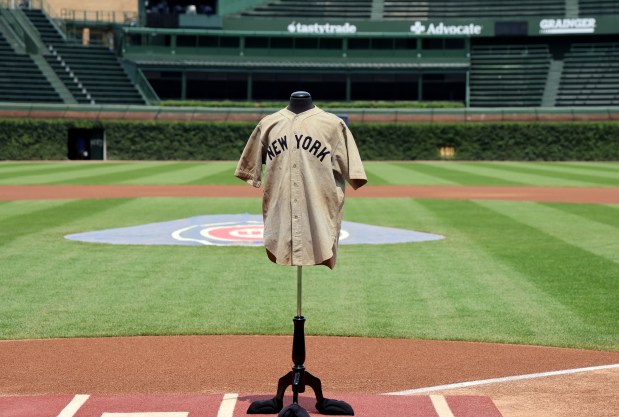 The jersey worn by Babe Ruth during the 1932 World Series at Wrigley Field when he called his shot, visits Wrigley Field on July 23, 2024, in Chicago. The jersey is up for auction. (Thomas Noel/Heritage Auctions)