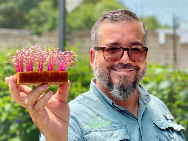 Owner Efren Robles shows off some of the micro produce developed at Frutos del Guacabo for local restaurants. (Terri Colby)