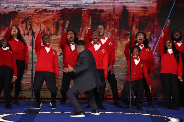 The Soul Children of Chicago perform on the first day of the Democratic National Convention at the United Center in Chicago on Aug. 19, 2024. (Chris Sweda/Chicago Tribune)