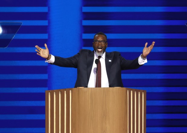 Chicago Mayor Brandon Johnson gives opening remarks on the first day of the Democratic National Convention at the United Center in Chicago on Aug. 19, 2024. (Chris Sweda/Chicago Tribune)