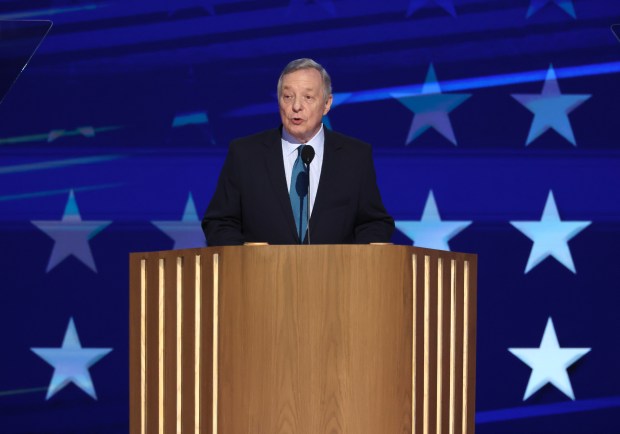 U.S. Sen. Dick Durbin speaks at the Democratic National Convention at the United Center in Chicago on Aug. 19, 2024. (Chris Sweda/Chicago Tribune)