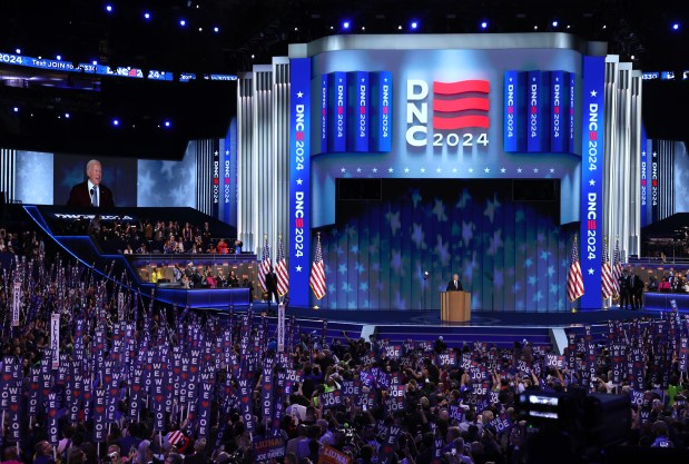 President Joe Biden speaks at the Democratic National Convention at the United Center on Monday, Aug. 19, 2024, in Chicago. (Chris Sweda/Chicago Tribune)