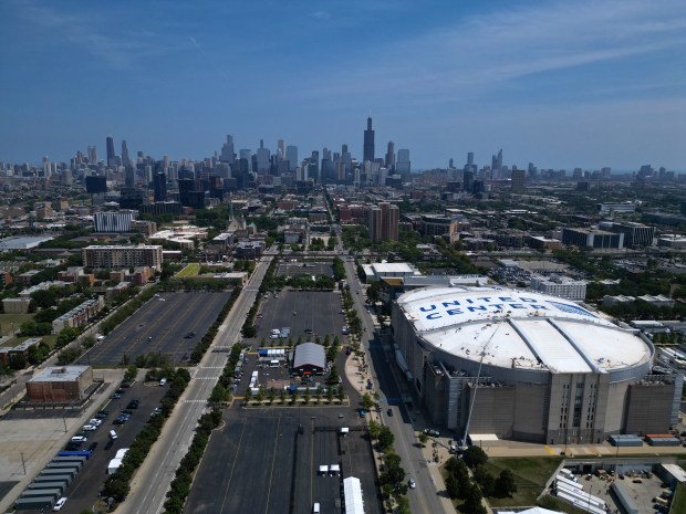 Aerial photos of the preparations and buildouts going on around the United Center in preparation for the Democratic National Convention on Aug. 14, 2024 in Chicago. (Stacey Wescott/Chicago Tribune)