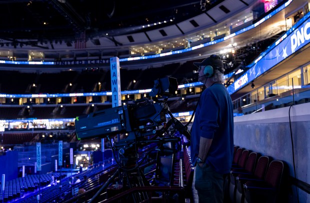 Cameras are set up in preparation for the Democratic National Convention at the United Center on Aug. 15, 2024. (Brian Cassella/Chicago Tribune)