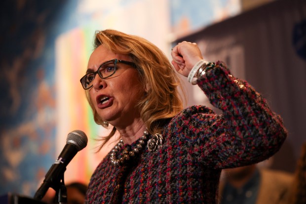 Former Rep. Gabby Giffords speaks during a gun safety press conference at Carnivale Restaurant in the West Loop on Aug. 19, 2024. (Eileen T. Meslar/Chicago Tribune)